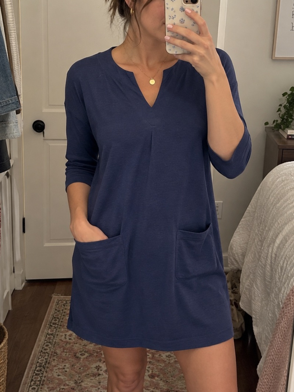 Lilly Pulitzer Navy Knit Tunic Dress XS 3/4 Sleeve Pockets Split Neck Casual - Picture 9 of 9